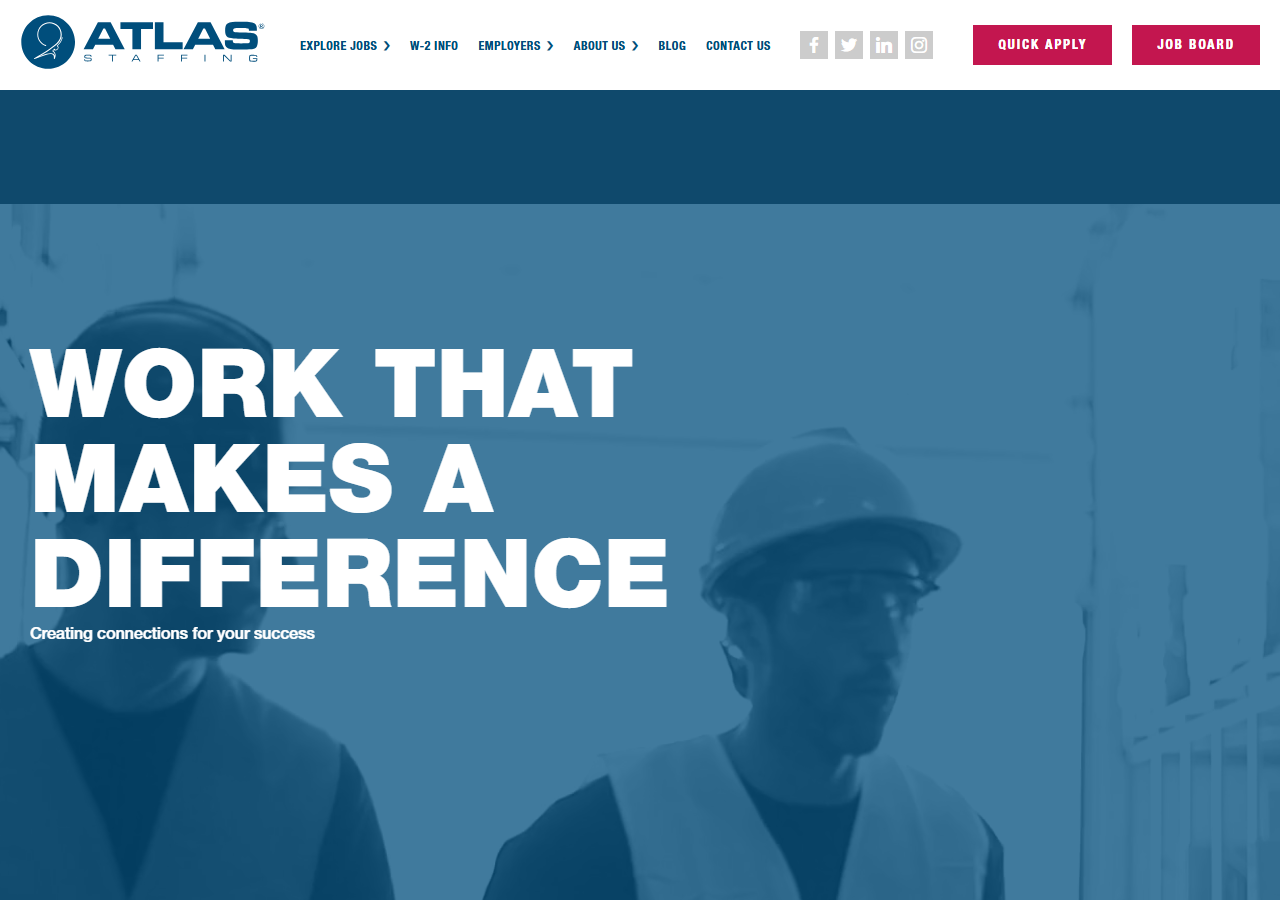 Atlas Staffing homepage screenshot, a Pacific Northwest staffing agency with a long-standing branch office in Yakima, Washington