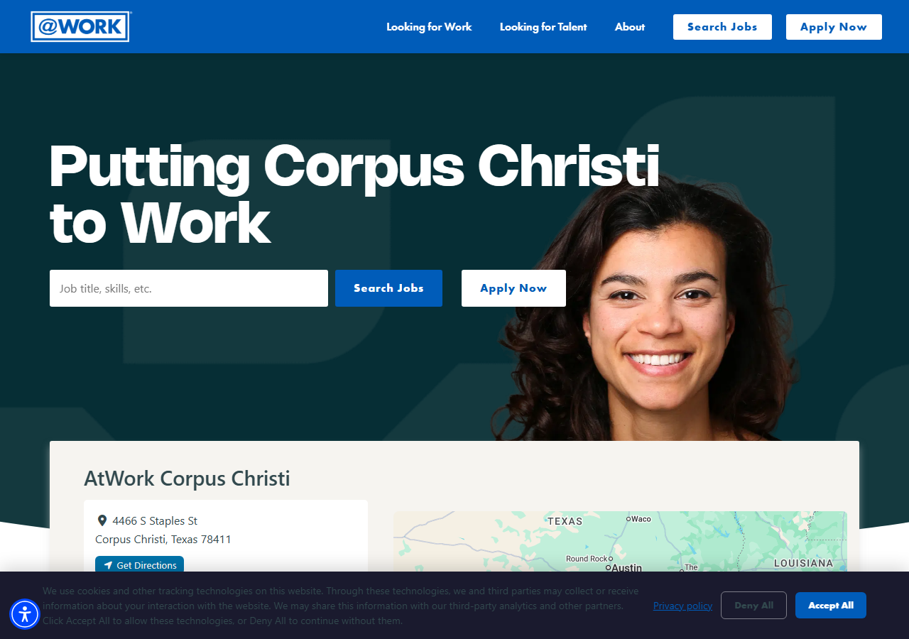 AtWork homepage screenshot for its Corpus Christi, Texas office, an admin, manufacturing, and professional staffing franchise