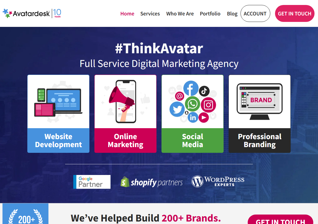 Avatardesk homepage screenshot, a full-service digital marketing and branding agency headquartered in Sugar Land, Texas