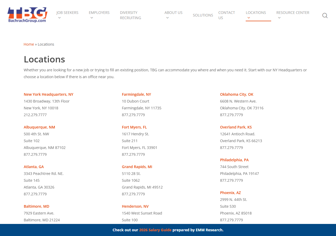TBG The Bachrach Group locations page screenshot listing its national office network, including its Deerfield Beach, Florida branch at 1255 S. Military Trail