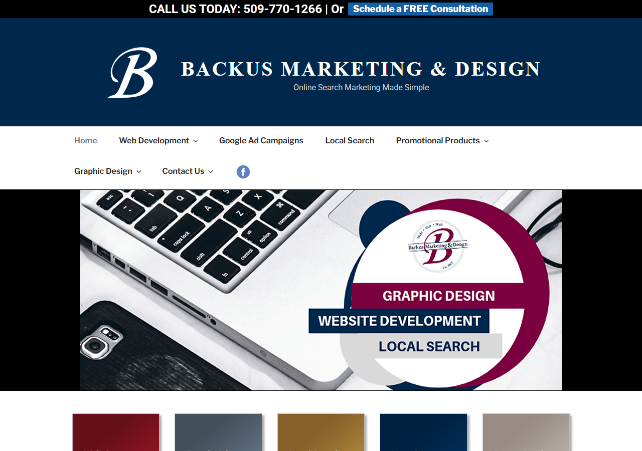 Backus Marketing and Design homepage screenshot, a family-owned marketing and graphic design firm based in the Smith Martin Building in Moses Lake, Washington