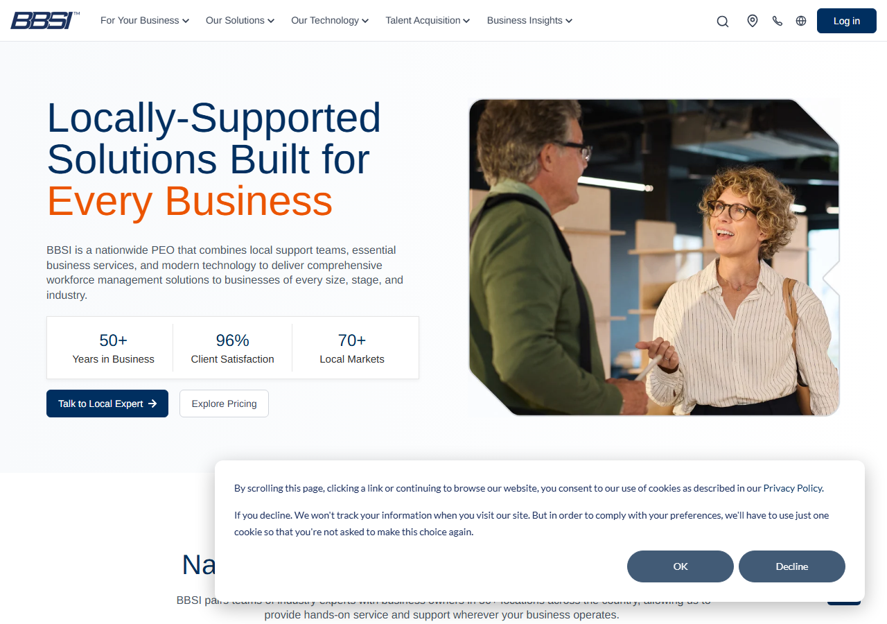BBSI homepage screenshot, a Washington-headquartered PEO and staffing company with a staffed branch in Yakima
