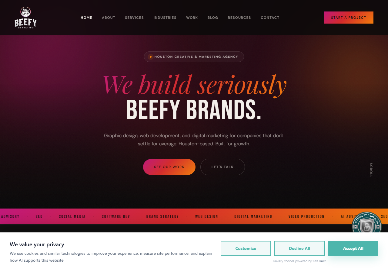 Beefy Marketing homepage screenshot, a full-service marketing agency with its physical office in Tomball, Texas though it brands itself online as a Houston agency