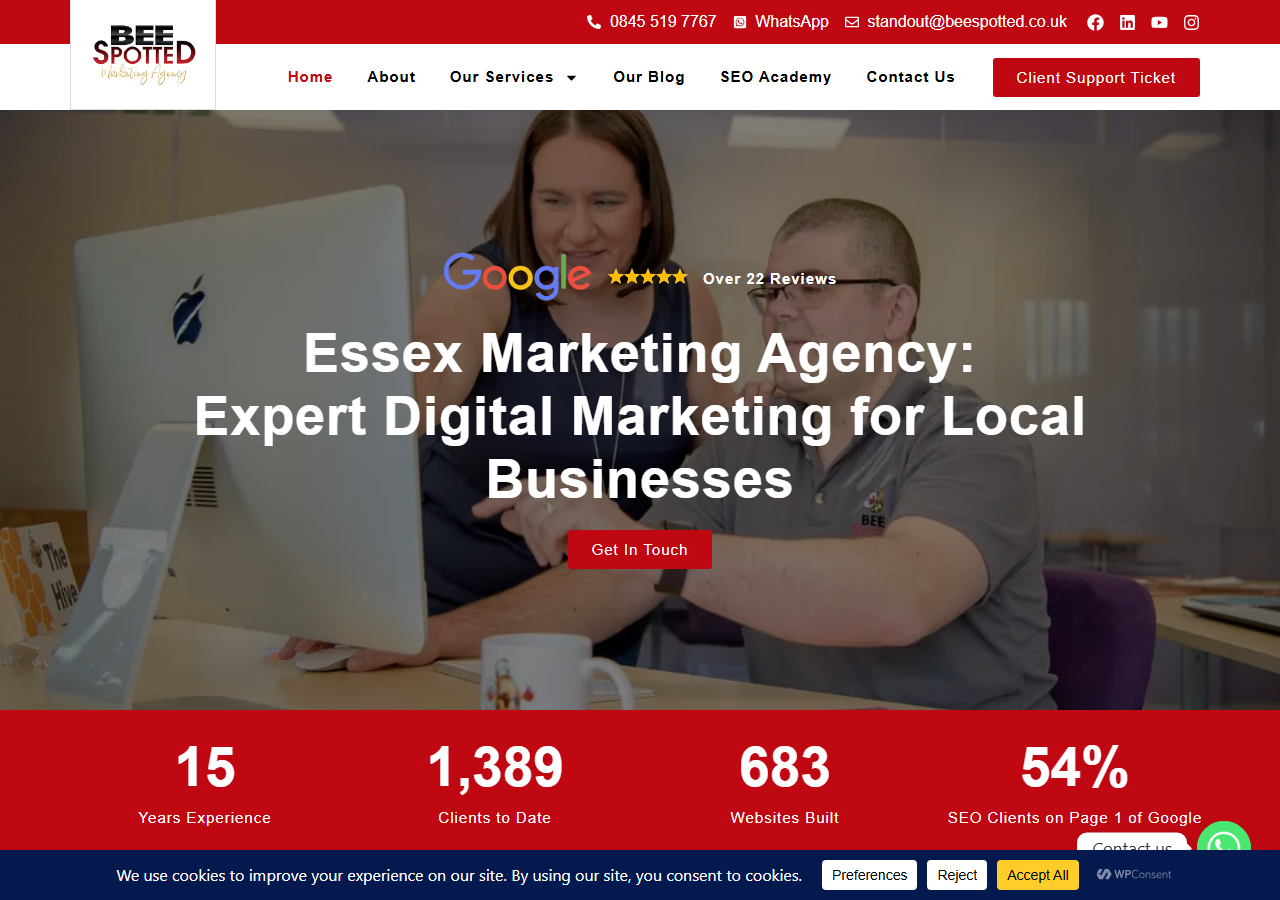 Bee Spotted homepage screenshot, an Essex marketing agency based in Basildon