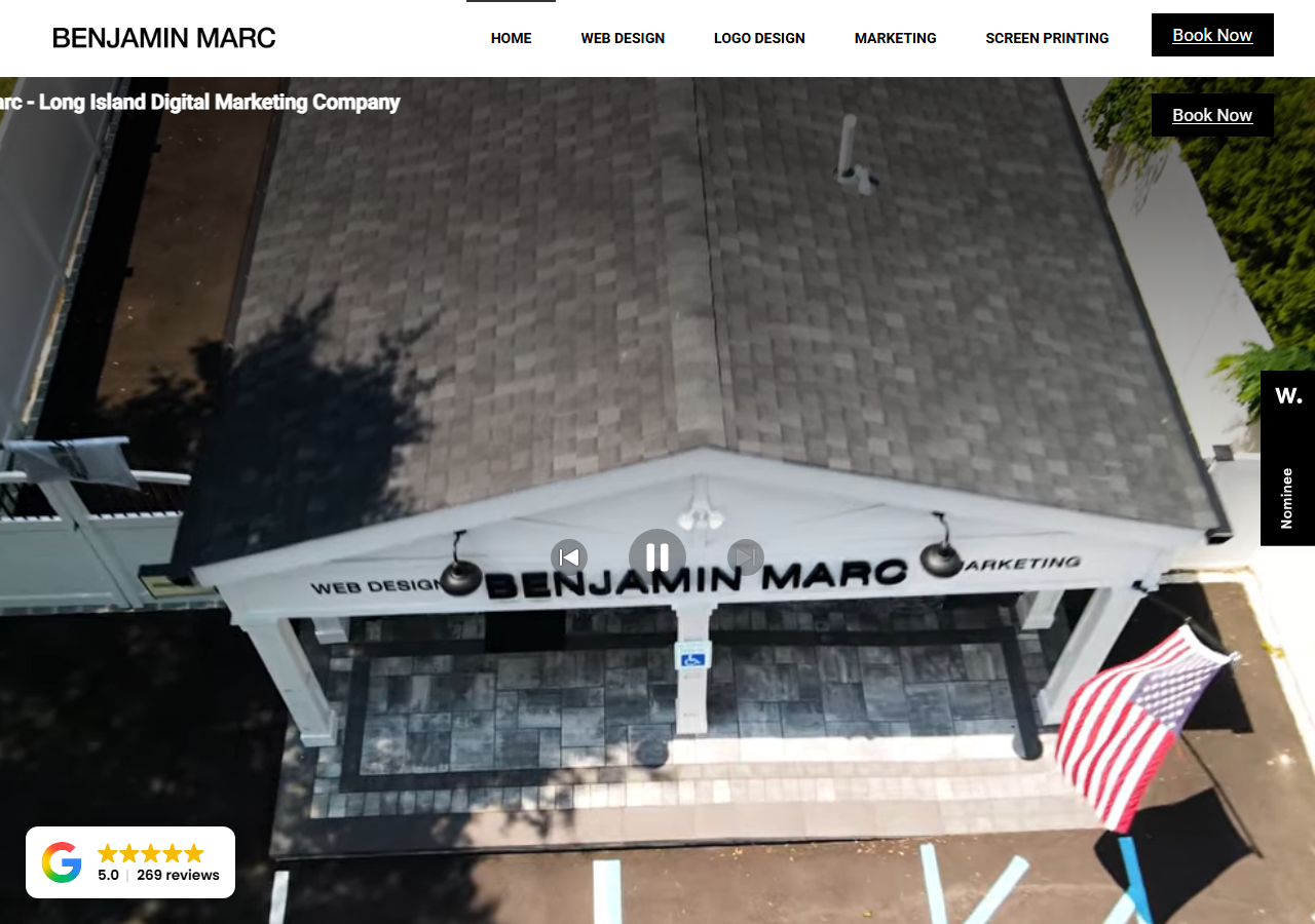 Benjamin Marc homepage screenshot, a Long Island digital marketing company based in Smithtown, New York, showing a drone photo of its own office