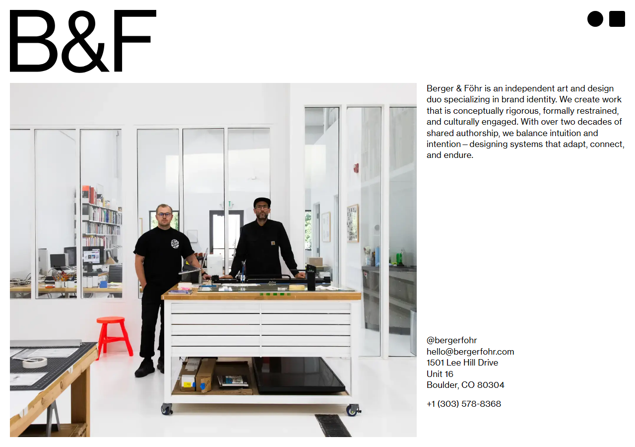 Berger and Fohr homepage screenshot, a two-person independent art and design studio in Boulder, Colorado specializing in brand identity and art direction