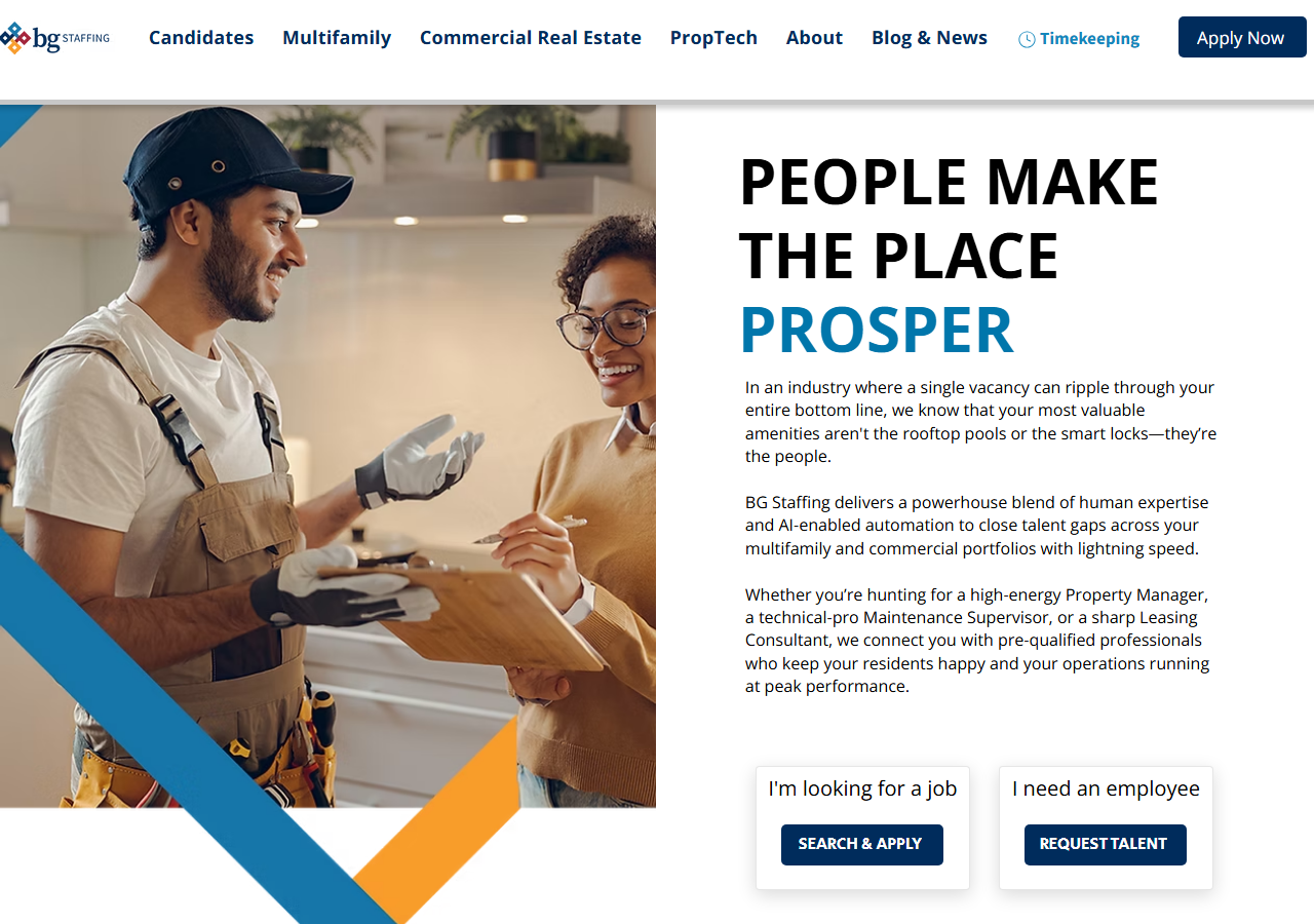 BGSF homepage screenshot, a publicly traded workforce solutions staffing company with a Sugar Land, Texas office serving IT, finance and multifamily property management staffing