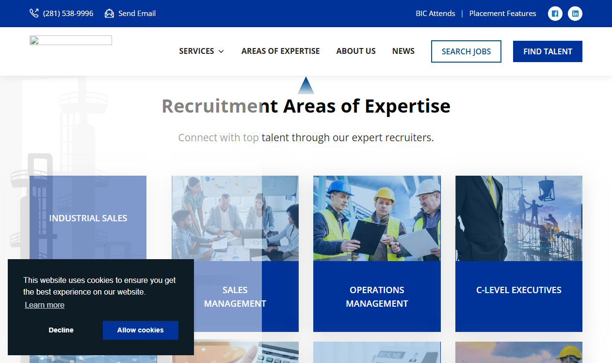 BIC Recruiting homepage screenshot, an industrial and energy sector direct-hire executive search firm headquartered in League City, TX