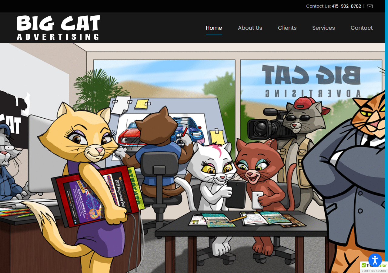 Big Cat Advertising homepage screenshot, a full-service advertising agency based in Novato, California