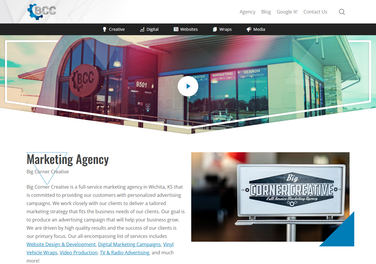 Big Corner Creative homepage screenshot, a full-service Wichita marketing agency offering website design and development alongside vehicle wraps and broadcast advertising