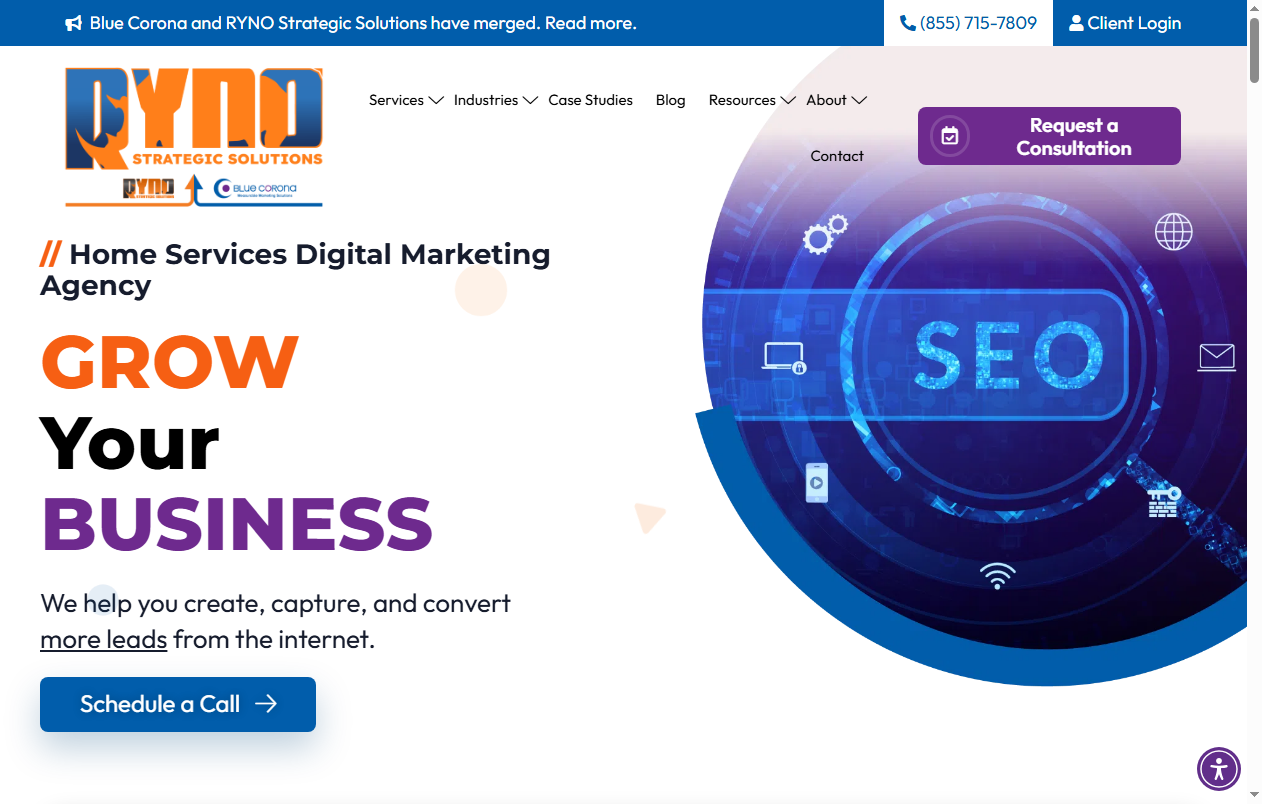 Blue Corona homepage screenshot, a construction SEO, local optimization and video SEO agency based in Gaithersburg, Maryland