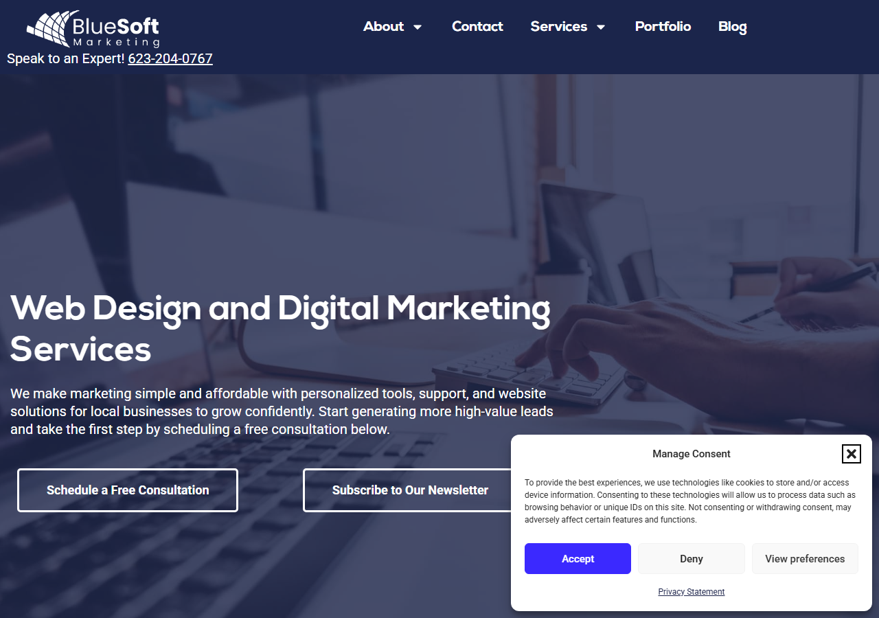 BlueSoft homepage screenshot, a web design and digital marketing agency headquartered in Avondale, Arizona