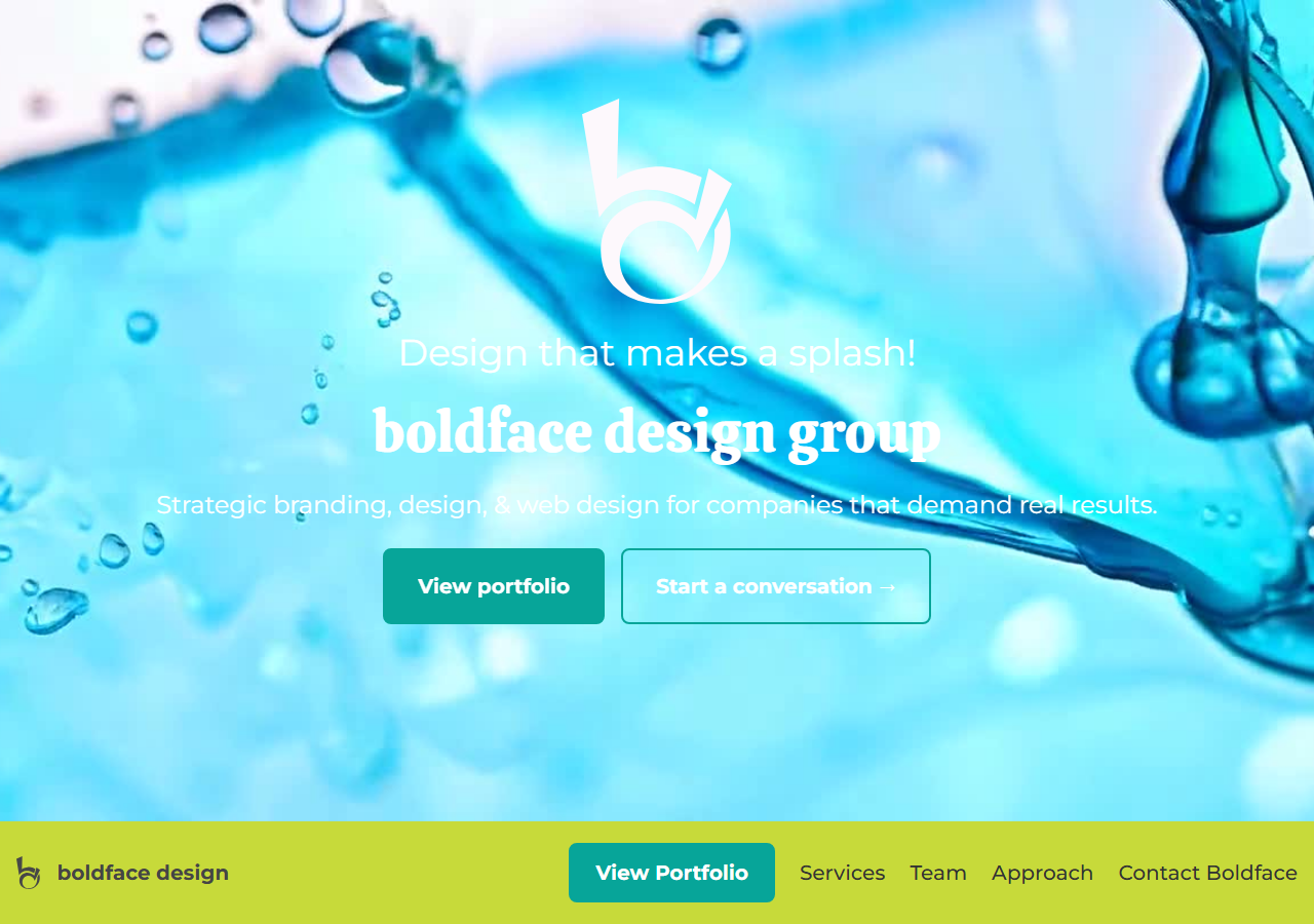 Boldface Design Group homepage screenshot, a Boulder, Colorado brand strategy and identity systems studio publishing starting project prices