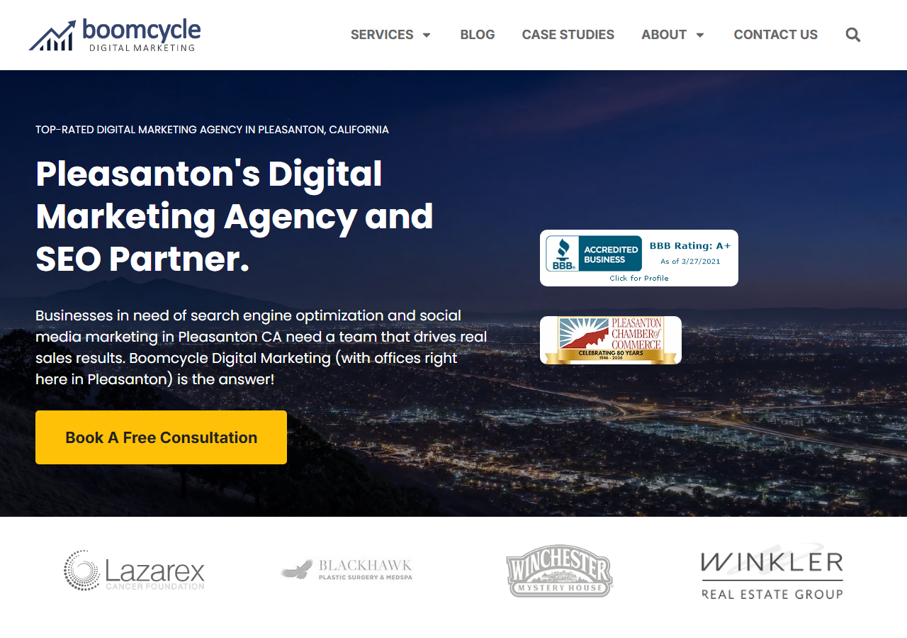Boomcycle Digital Marketing homepage screenshot, an SEO and social media marketing agency based in Pleasanton, California