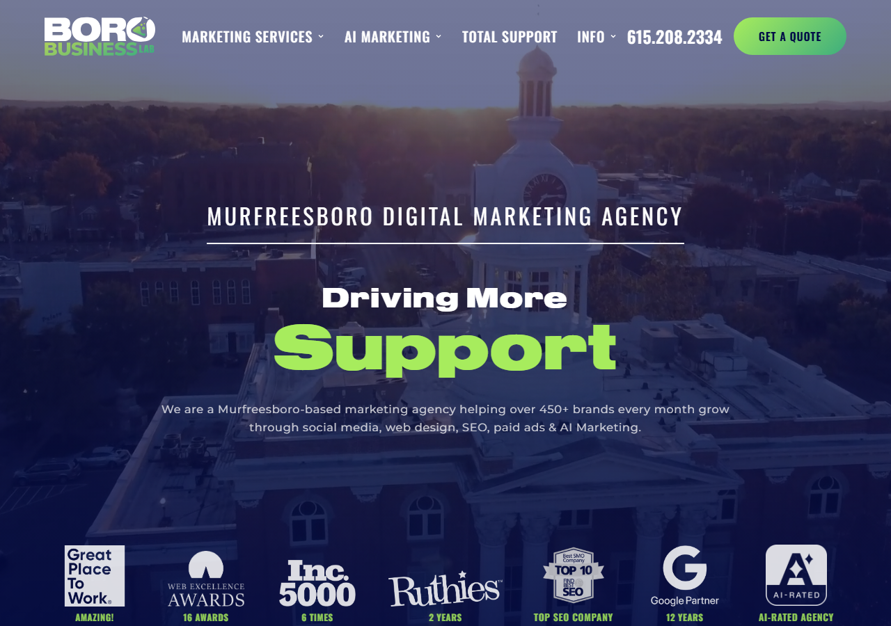 Boro Business Lab homepage screenshot, an SEO and AI-search optimization agency based in Murfreesboro, Tennessee