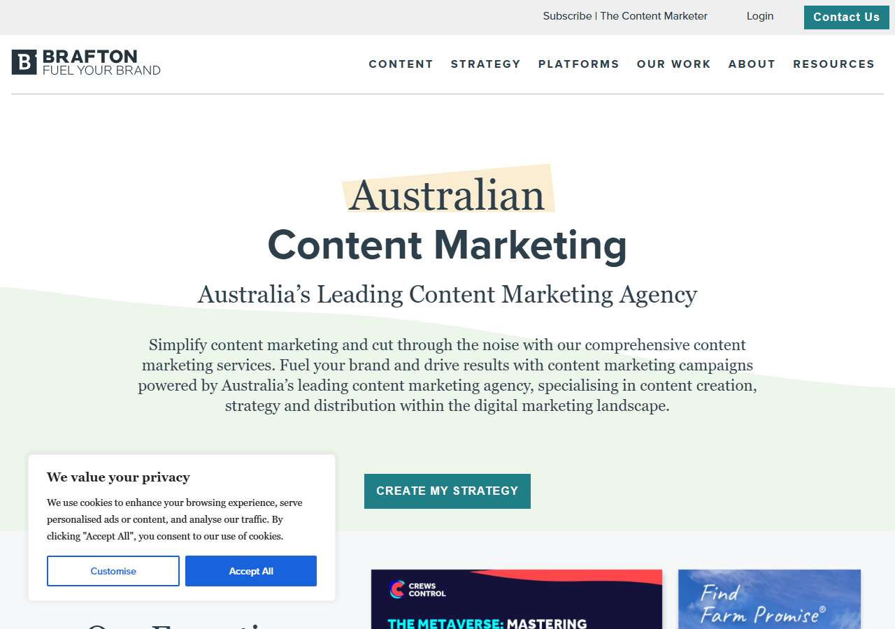 Brafton homepage screenshot, a content marketing agency with a Sydney office at Martin Place, headquartered globally in Boston