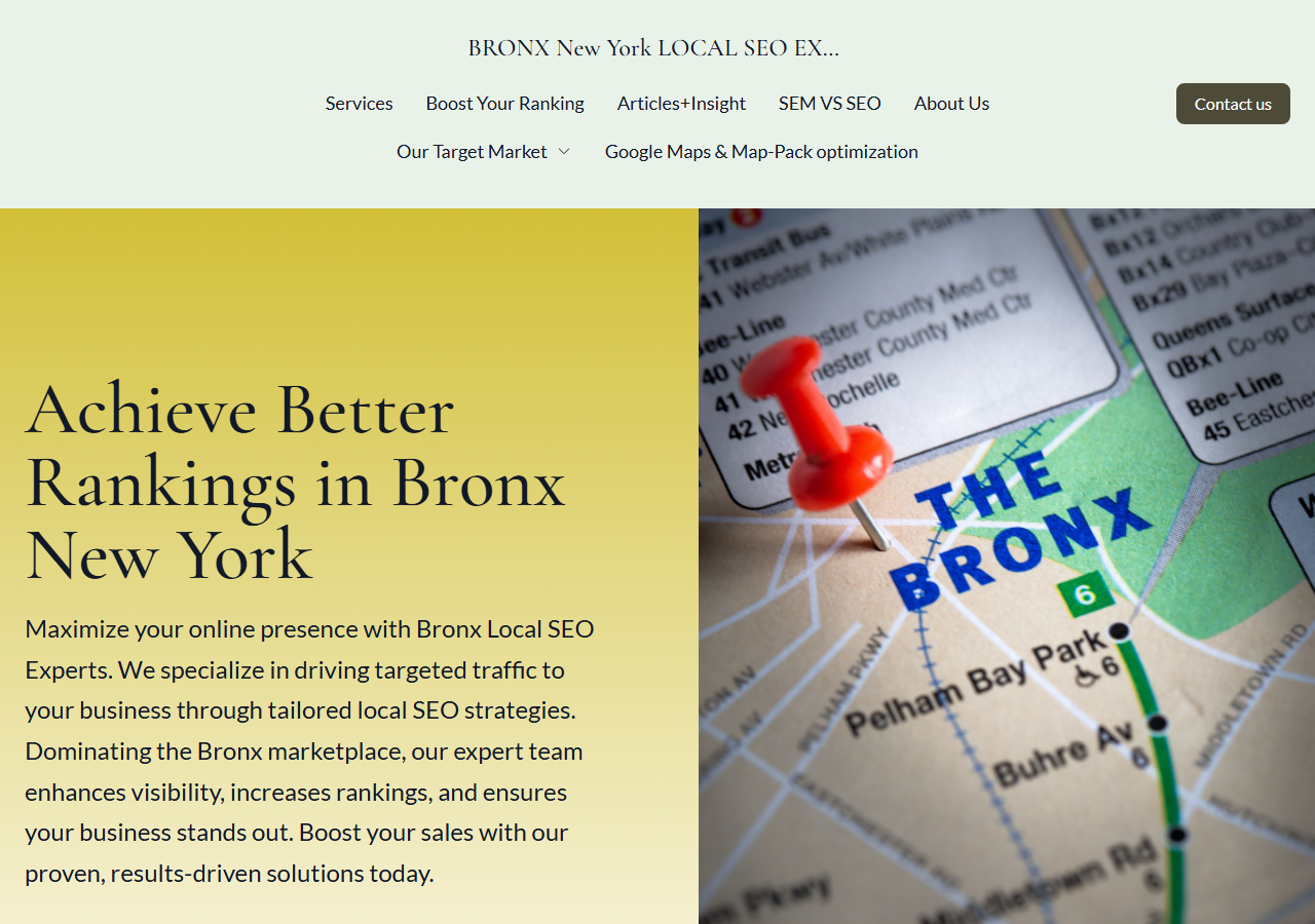 Bronx Local SEO homepage screenshot, a local SEO business describing itself as Bronx-founded