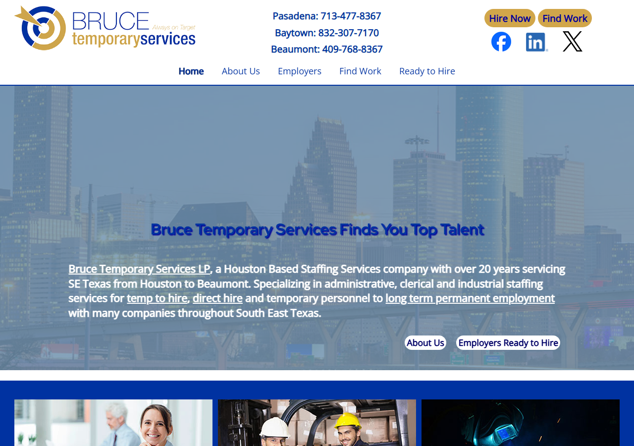 Bruce Temporary Services homepage screenshot listing separate phone numbers for its Pasadena, Baytown, and Beaumont offices