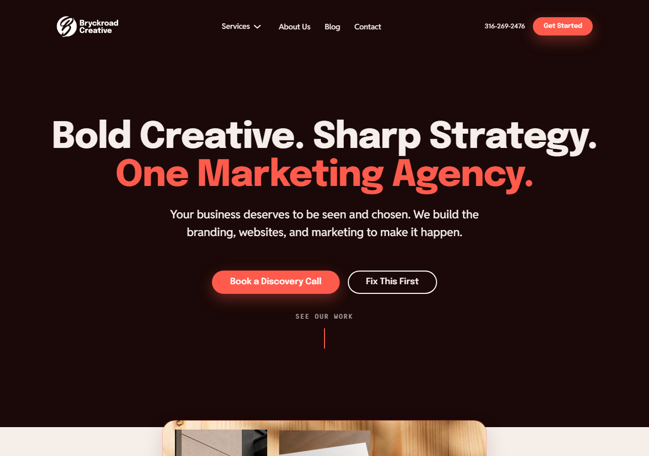 Bryckroad Creative homepage screenshot, a Wichita marketing agency offering custom website design and branding, formerly operating as Dunn Allen Design