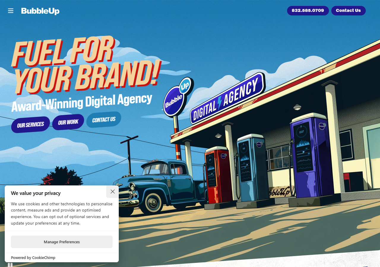 BubbleUp homepage screenshot, an award-winning full-service digital marketing agency with an office in The Woodlands, Texas
