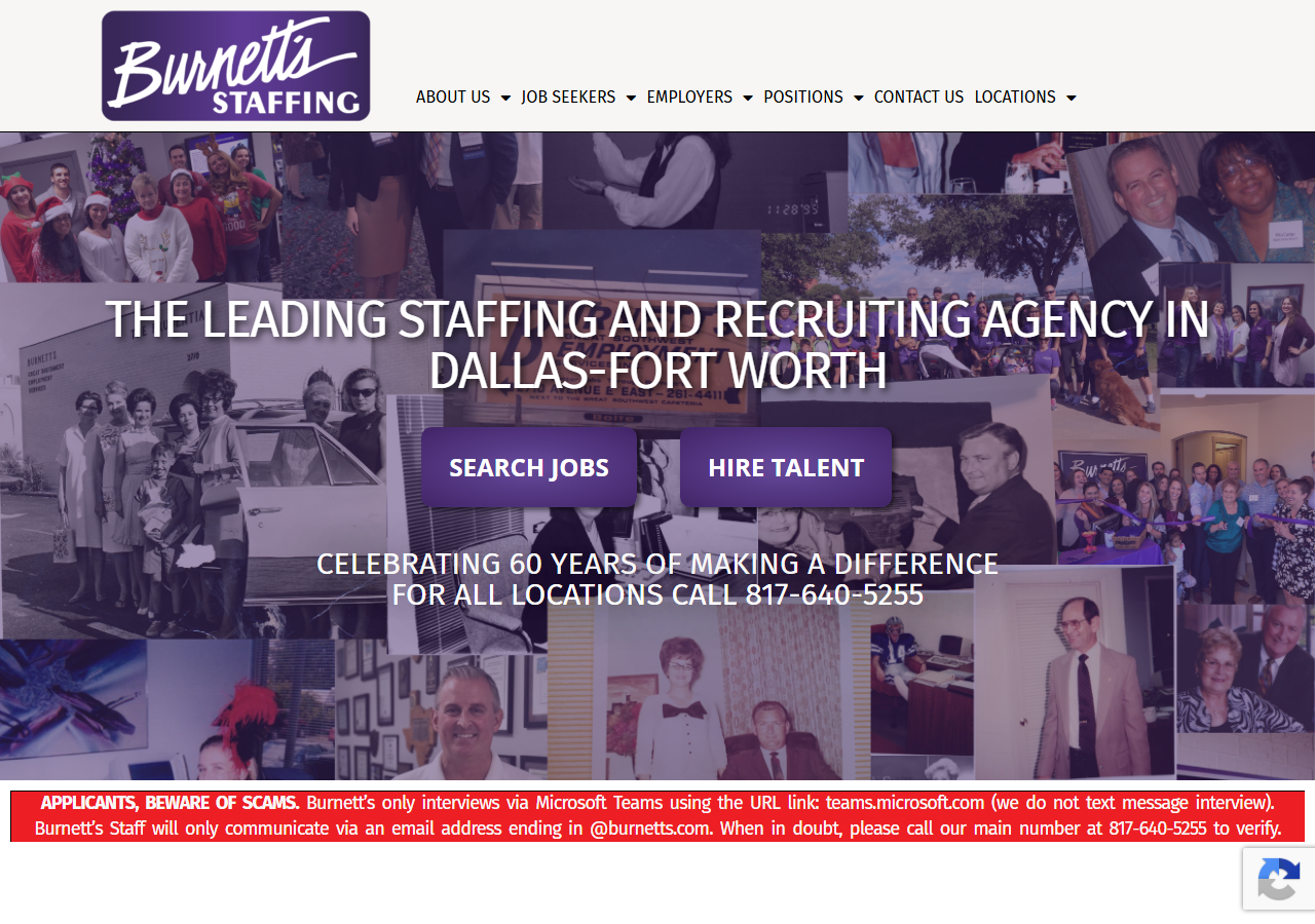 Burnett's Staffing corporate homepage screenshot; the Arlington, Texas headquarters of a staffing company that also lists a McKinney branch in third-party directories
