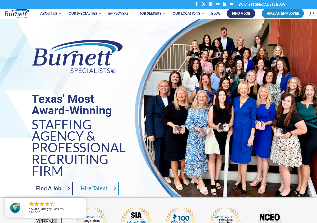 Burnett Specialists homepage screenshot, a Houston-headquartered staffing and recruiting firm with a genuine staffed office in The Woodlands, TX