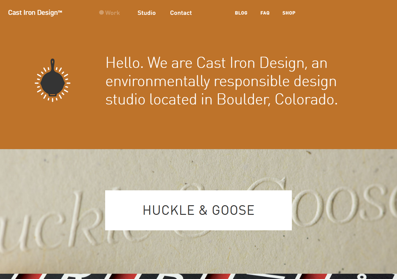 Cast Iron Design homepage screenshot, an environmentally responsible graphic design studio in Boulder, Colorado offering branding, web, and packaging
