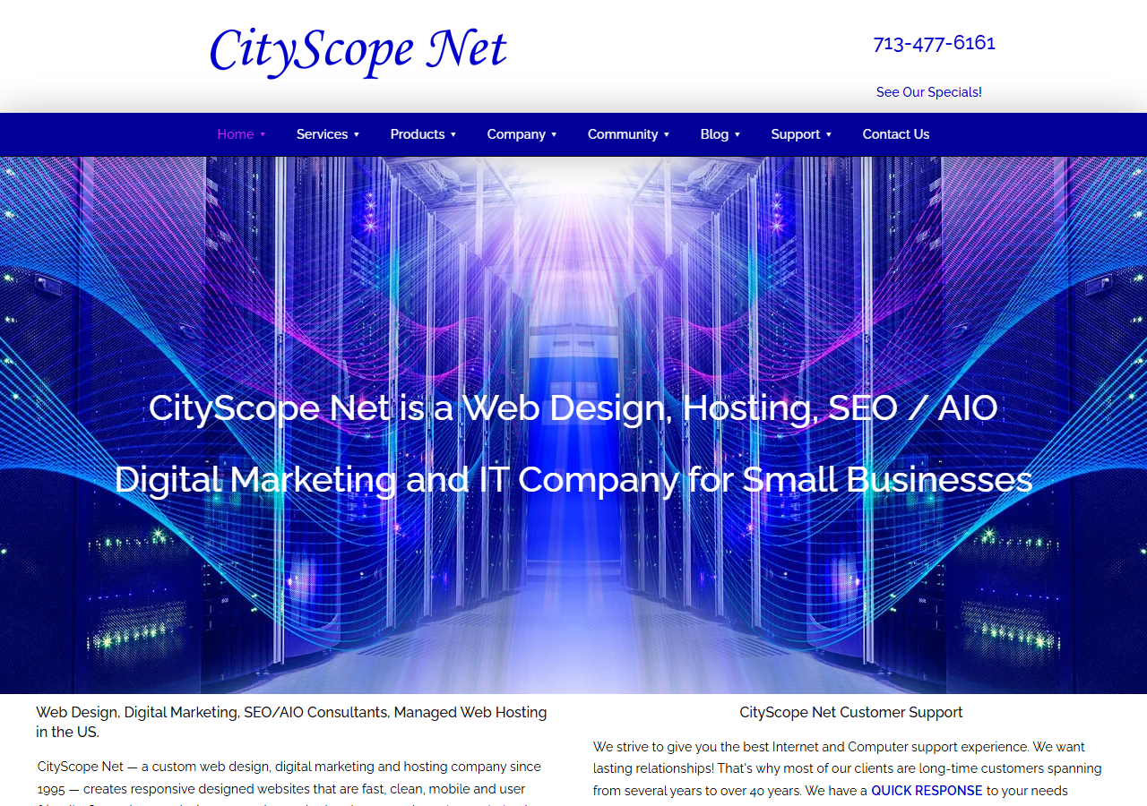 CityScope Net homepage screenshot, a web design, hosting, and SEO/digital marketing company based in Pasadena, Texas