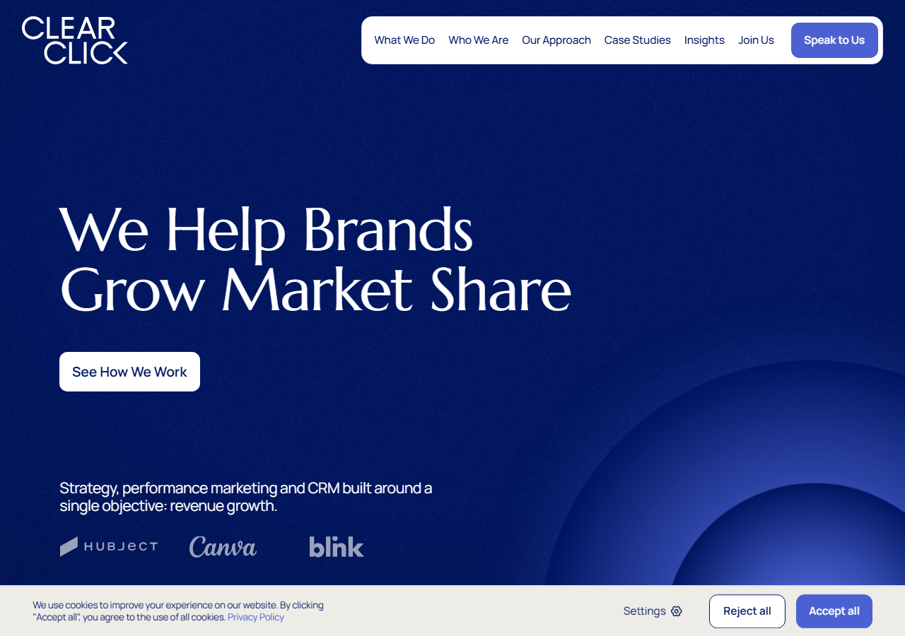 Clear Click homepage screenshot, a senior-led SEO and digital PR agency based in Edinburgh