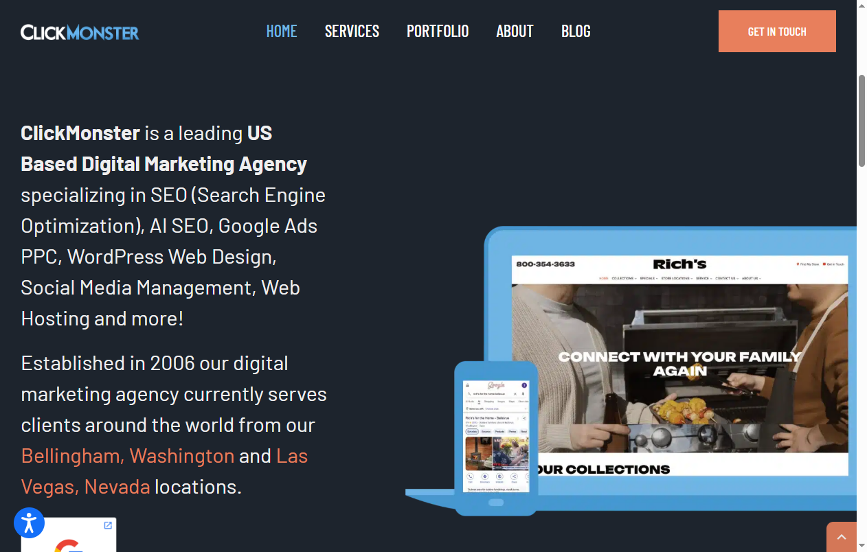 ClickMonster homepage screenshot, an SEO and AI SEO agency based in Bellingham, Washington
