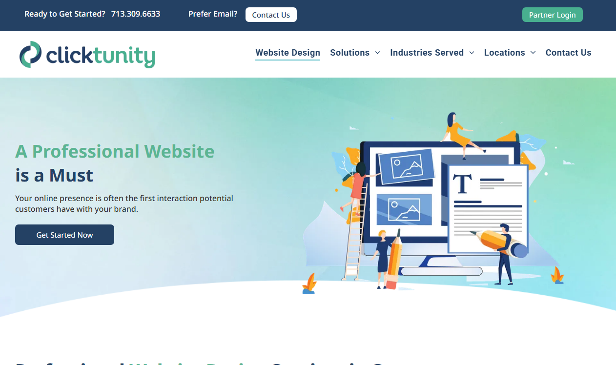 Clicktunity LLC homepage screenshot, a website design and local SEO agency with a verified staffed office in Cypress, Texas