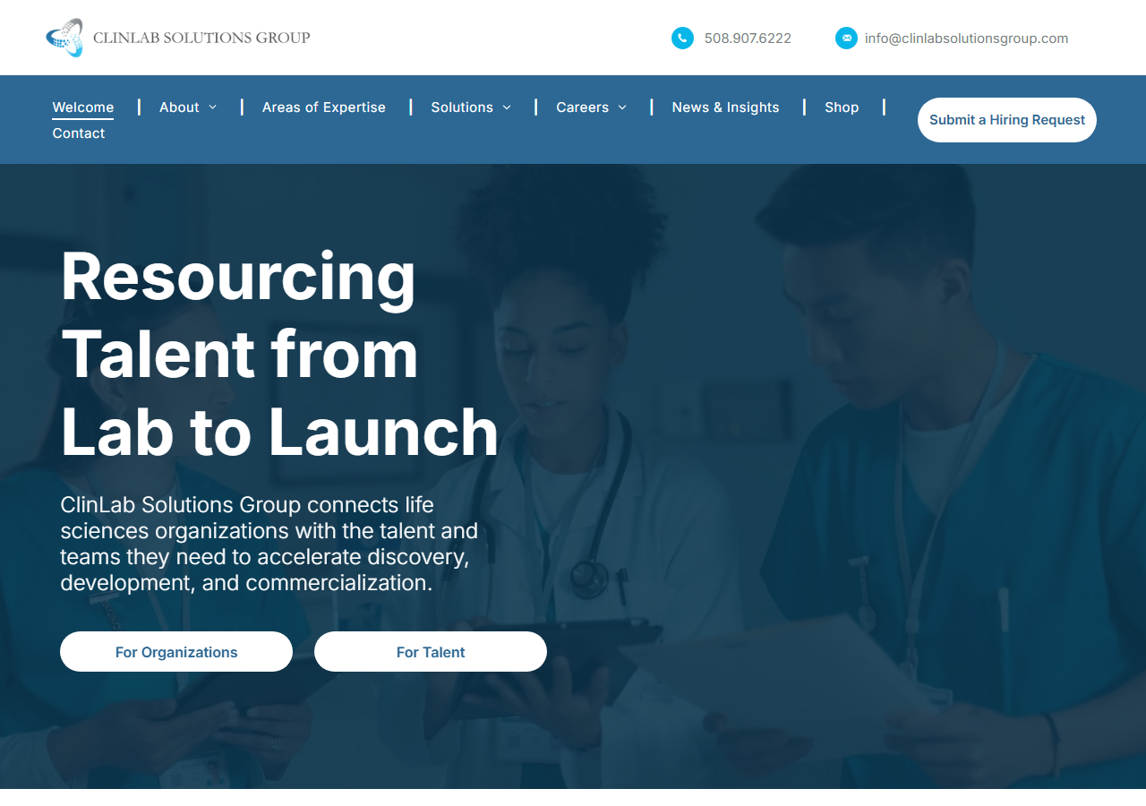 ClinLab Solutions Group homepage screenshot, a life-sciences recruiting firm with a branch office on Washingtonian Boulevard in Gaithersburg, Maryland