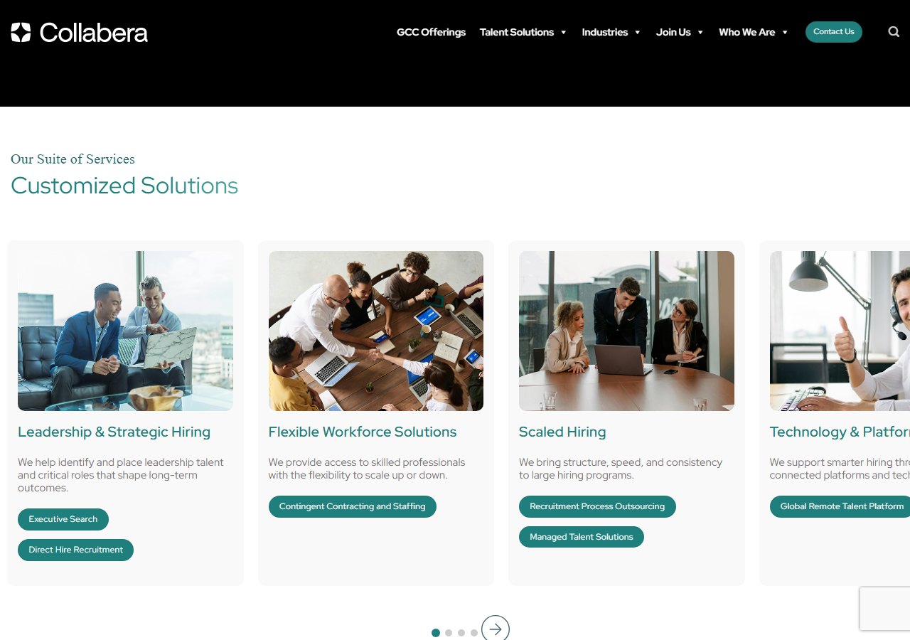 Collabera homepage screenshot, a global IT staffing and talent solutions company with a staffed branch office in Redmond, Washington