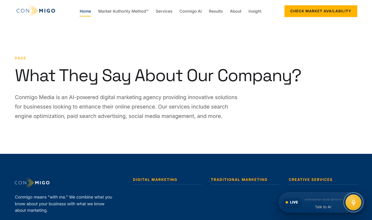 Conmigo Media homepage screenshot, a digital marketing agency based in Cypress, Texas offering SEO, Google Ads, social media advertising and email marketing