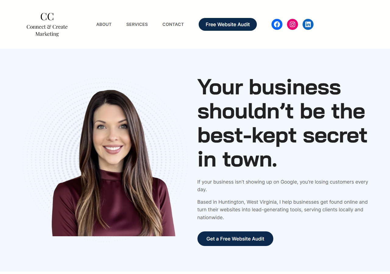 Connect and Create Marketing homepage screenshot, a boutique SEO, branding and web design agency based in Huntington, West Virginia