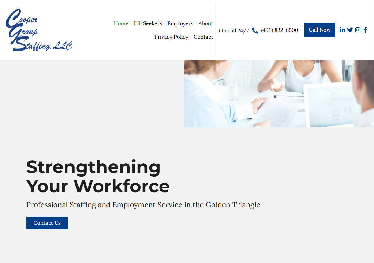 Cooper Group Staffing homepage screenshot, a woman-owned professional and industrial staffing agency in Beaumont, Texas