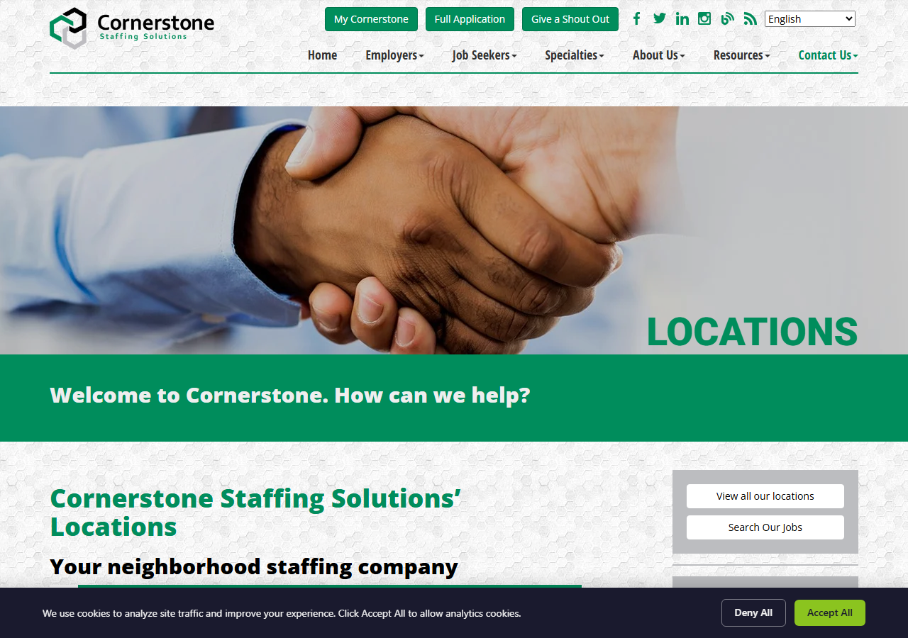 Cornerstone Staffing Solutions locations page screenshot confirming the Merced, California branch office address