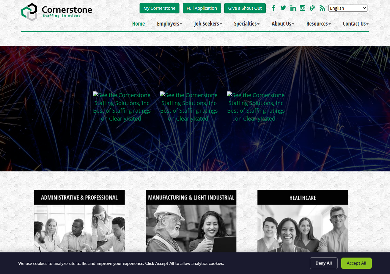 CornerStone Staffing Solutions homepage screenshot, an industrial and office staffing agency with a Pleasanton, California office