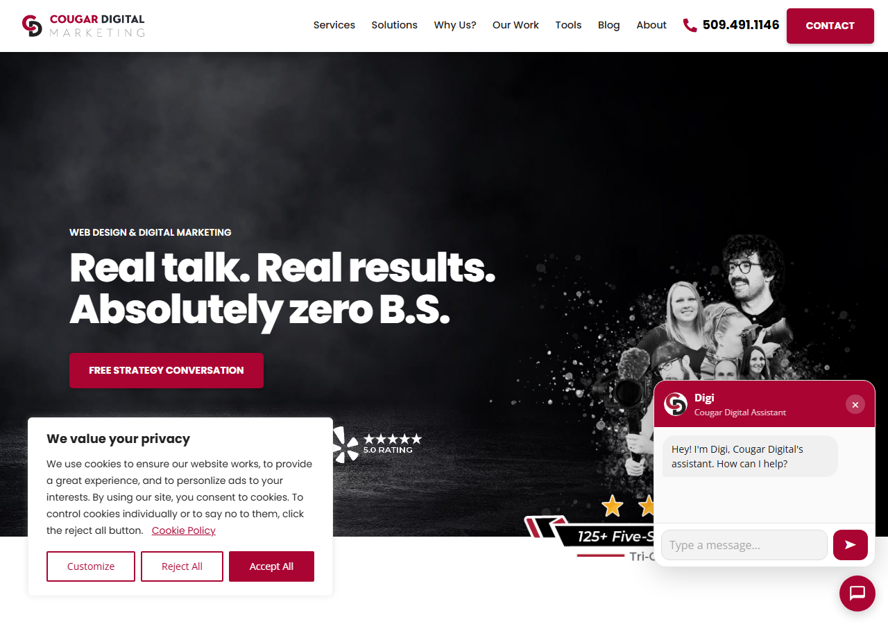 Cougar Digital Marketing and Design homepage screenshot, a web design and SEO agency based in Kennewick, Washington