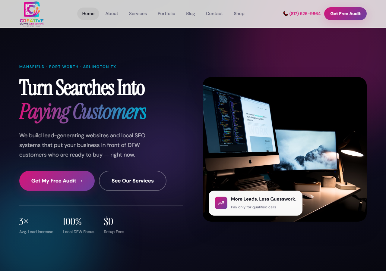 Creative Canvas Web Designs and Marketing homepage screenshot, a local SEO and Google Business Profile optimization business based in Mansfield, Texas