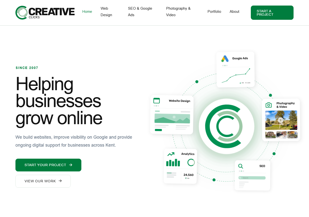 Creative Clicks homepage screenshot, a Canterbury web design and SEO agency operating from Roper Close since 2007