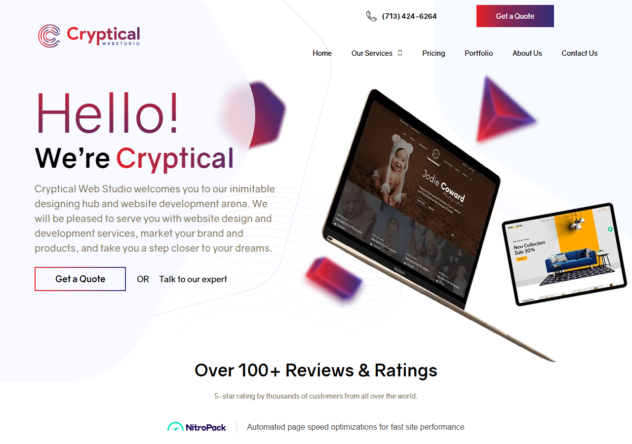 Cryptical Web Studio homepage screenshot, a Shopify Partner web design and development agency based in Sugar Land, Texas