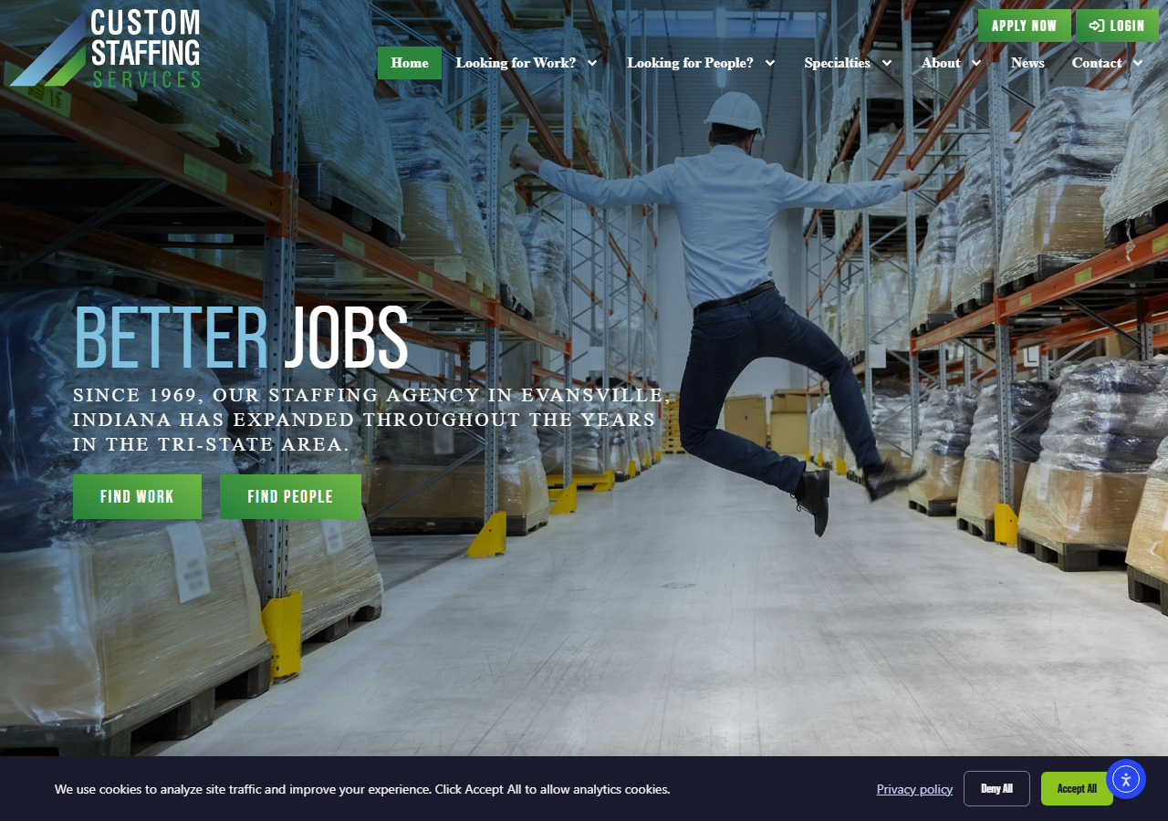 Custom Staffing Services homepage screenshot, the largest locally owned staffing company in the Evansville, Indiana Tri-State area