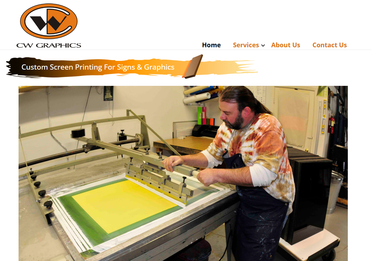 CW Graphics homepage screenshot, a Reno signage, logo design, and screen printing studio founded in 2004 by Clay Wilson