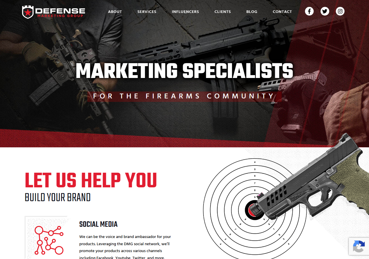 Defense Marketing Group homepage screenshot, a firearms-industry marketing and SEO agency based in Auburn, Washington