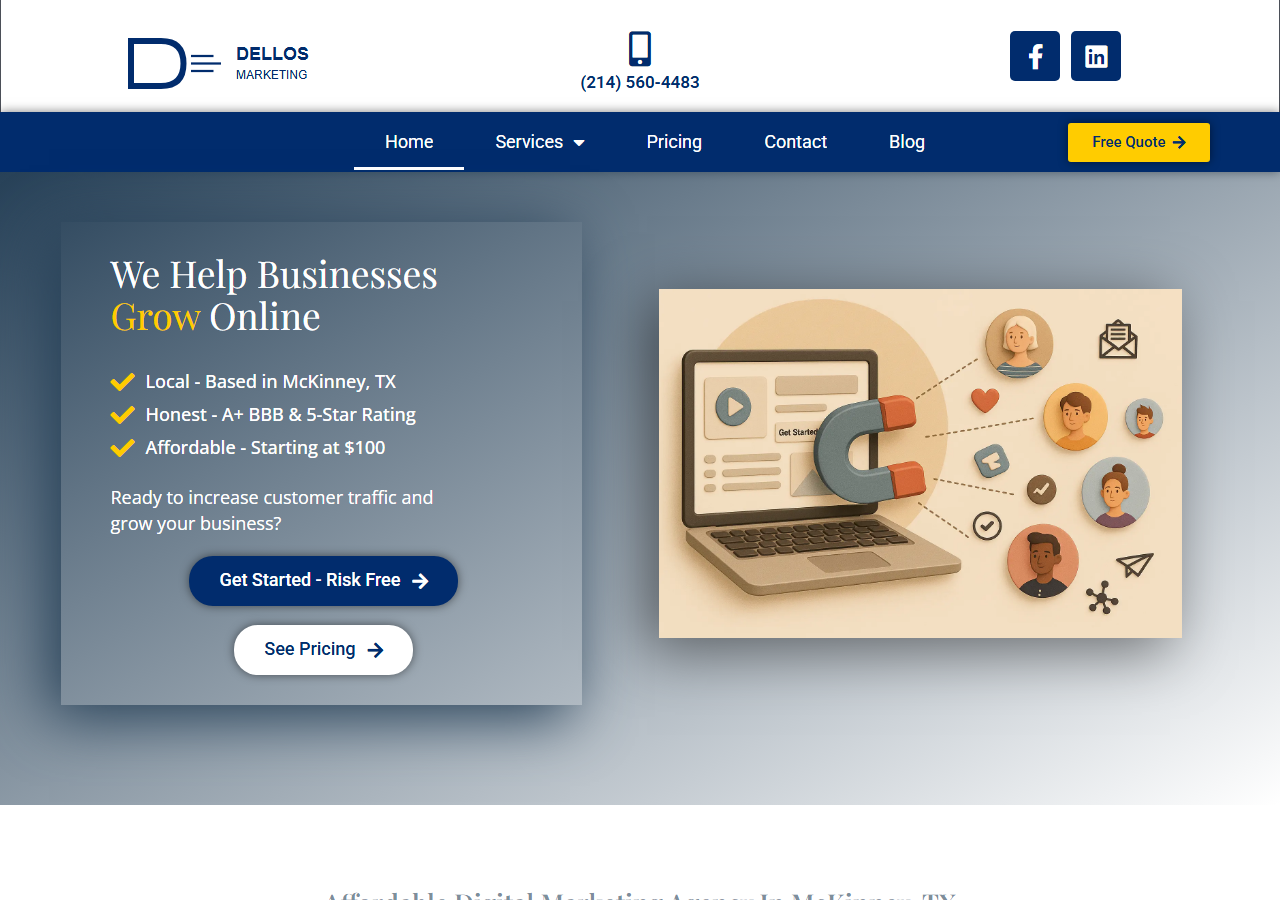 Dellos Marketing homepage screenshot, a family-owned digital marketing agency based in McKinney, Texas