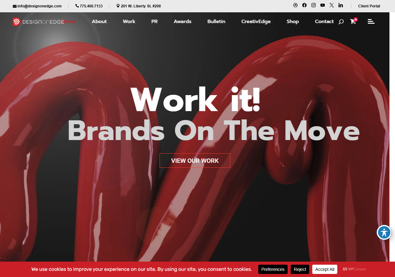Design On Edge homepage screenshot, a Reno branding and graphic design studio at 201 W. Liberty St focused on small-business and nonprofit clients