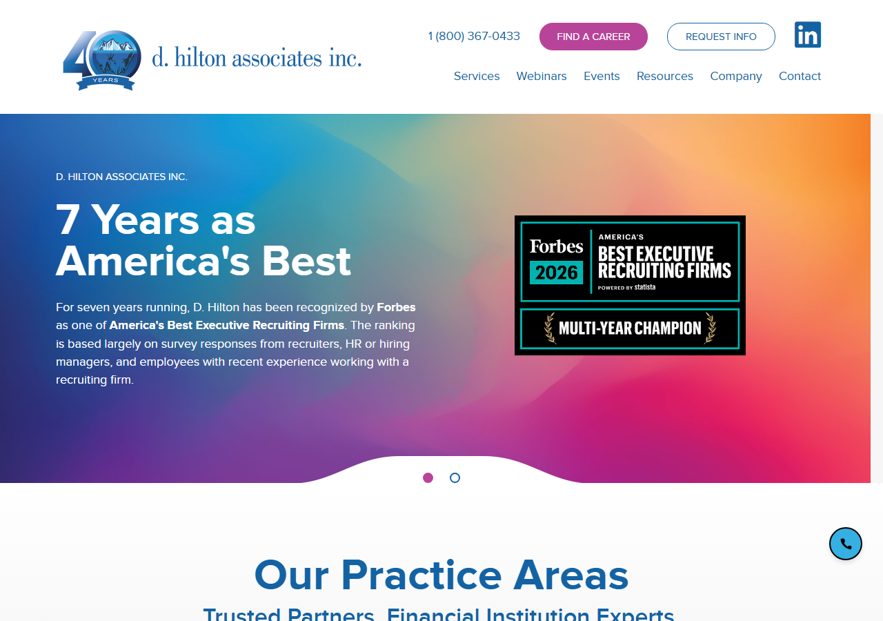 D. Hilton Associates homepage screenshot, a Woodlands-headquartered executive recruiting firm founded in 1985 specializing in credit unions and banks