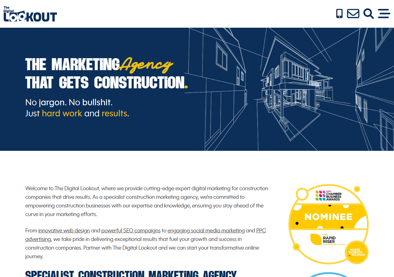 The Digital Lookout homepage screenshot, a construction-sector marketing agency based at Vinters Business Park in Maidstone