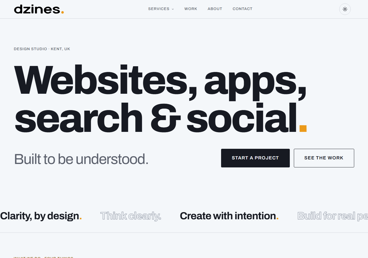 Dzines Digital homepage screenshot, a founder-led Folkestone web design and SEO studio in the Creative Quarter